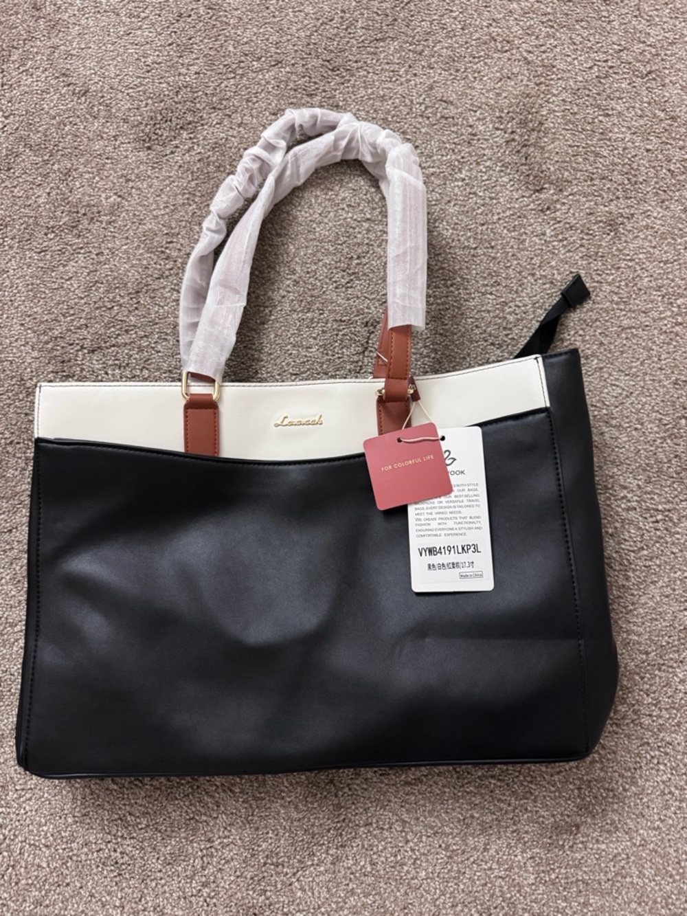 LOVEVOOK Black and White Tote with Brown Handles - Structured Laptop Bag